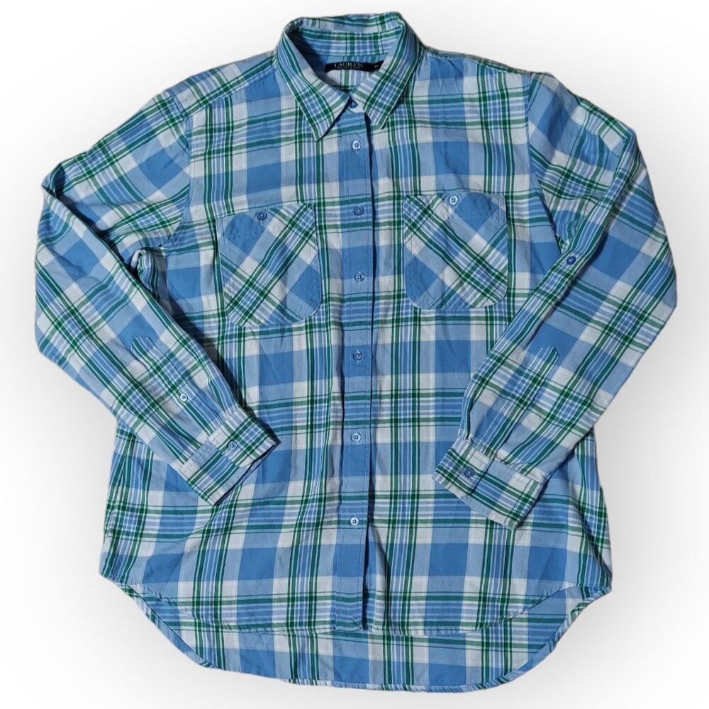 Lauren Ralph Lauren Button Shirt Top Women's Size XL Blue Green White Checked